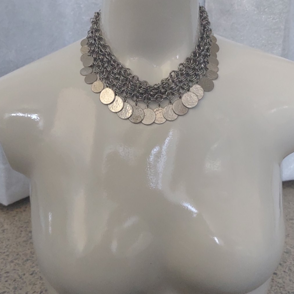 Medallion Coin Choker Bib Necklace Chico's Silver Stevie Multi-Strand Statement